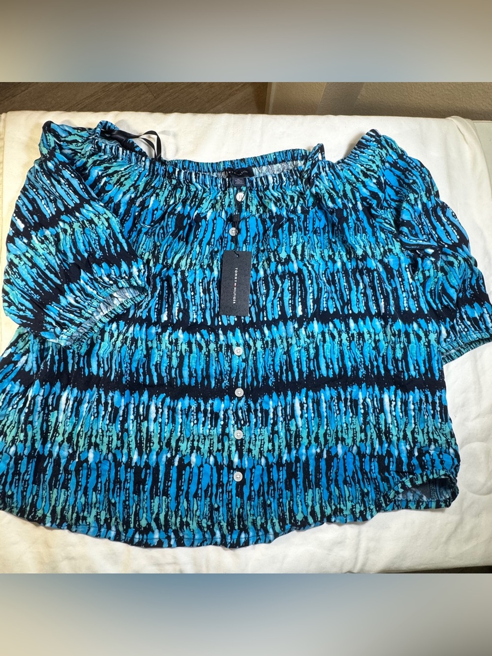 Tommy Hilfiger Off-Shoulder Blue & Teal Patterned Button-Front Blouse